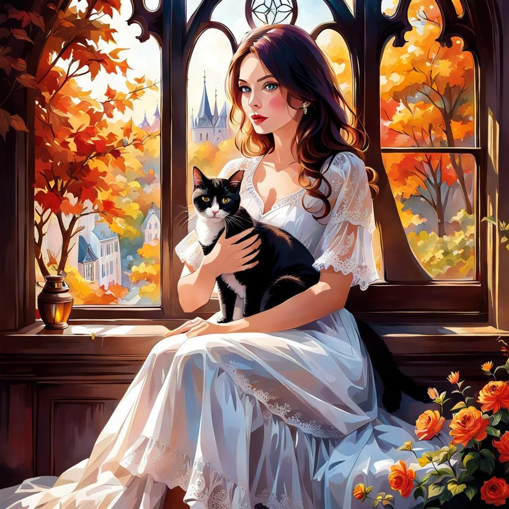Gothic Woman and Her Cat Bask in Autumn Beauty