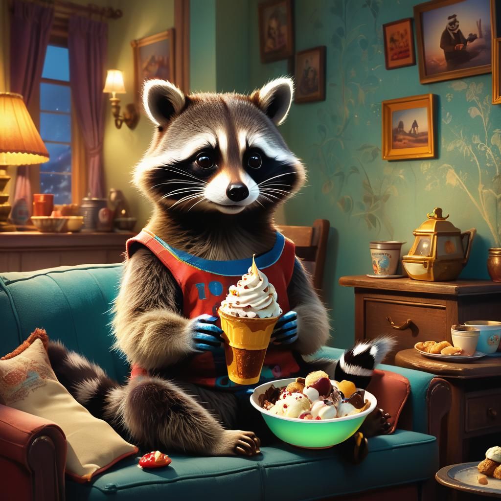 Cozy Raccoon Enjoys Movie Night with Ice Cream