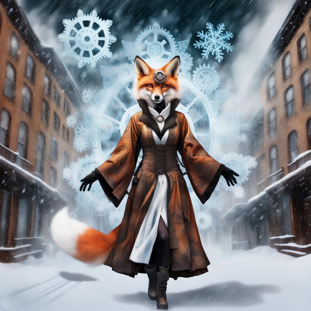 Steampunk winter Kitsune, aether powered,  mechanical , gears  snowflakes Infrared photography, apparition, ghostly , li...