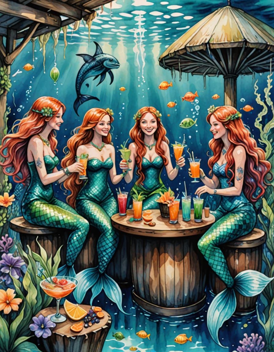 Mermaids Enjoy Tropical Cocktails at Underwater Bar