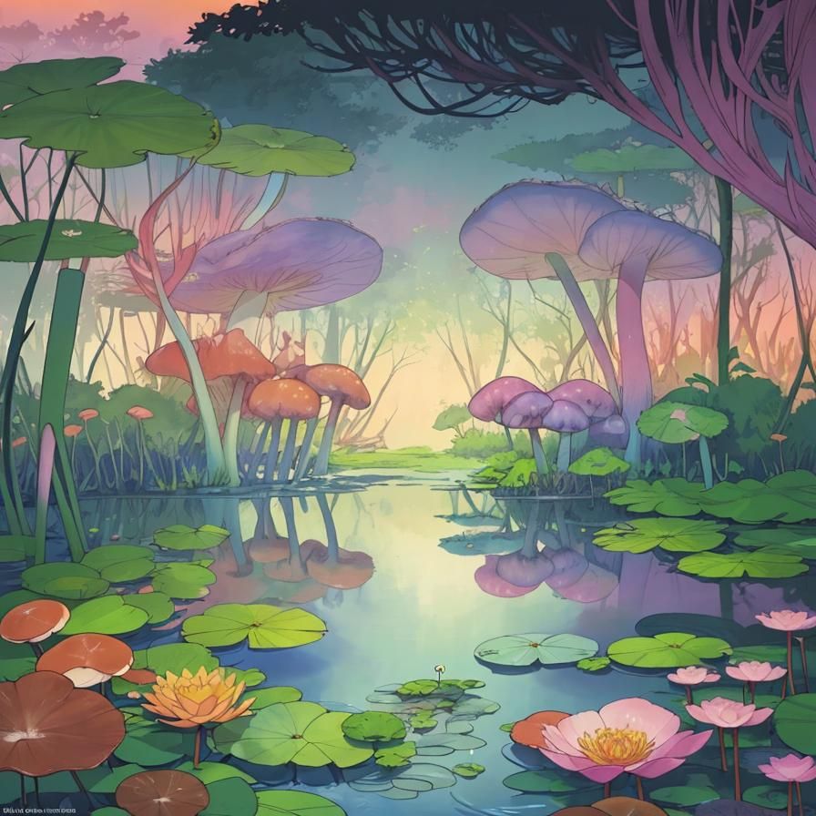 Surreal Biome Landscape with Friendly Giant and Mushrooms