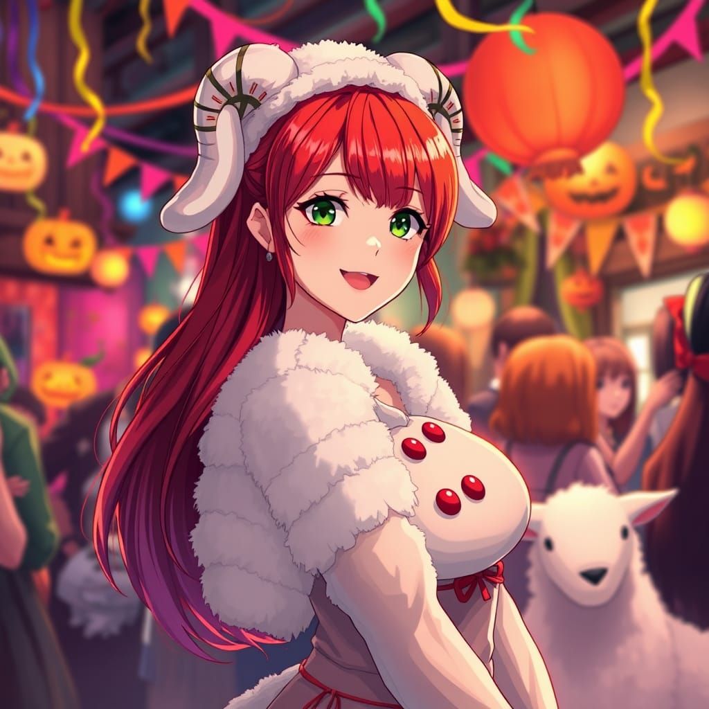 Japanese Woman in Ewe Costume Smiles at Vibrant Halloween Pa...