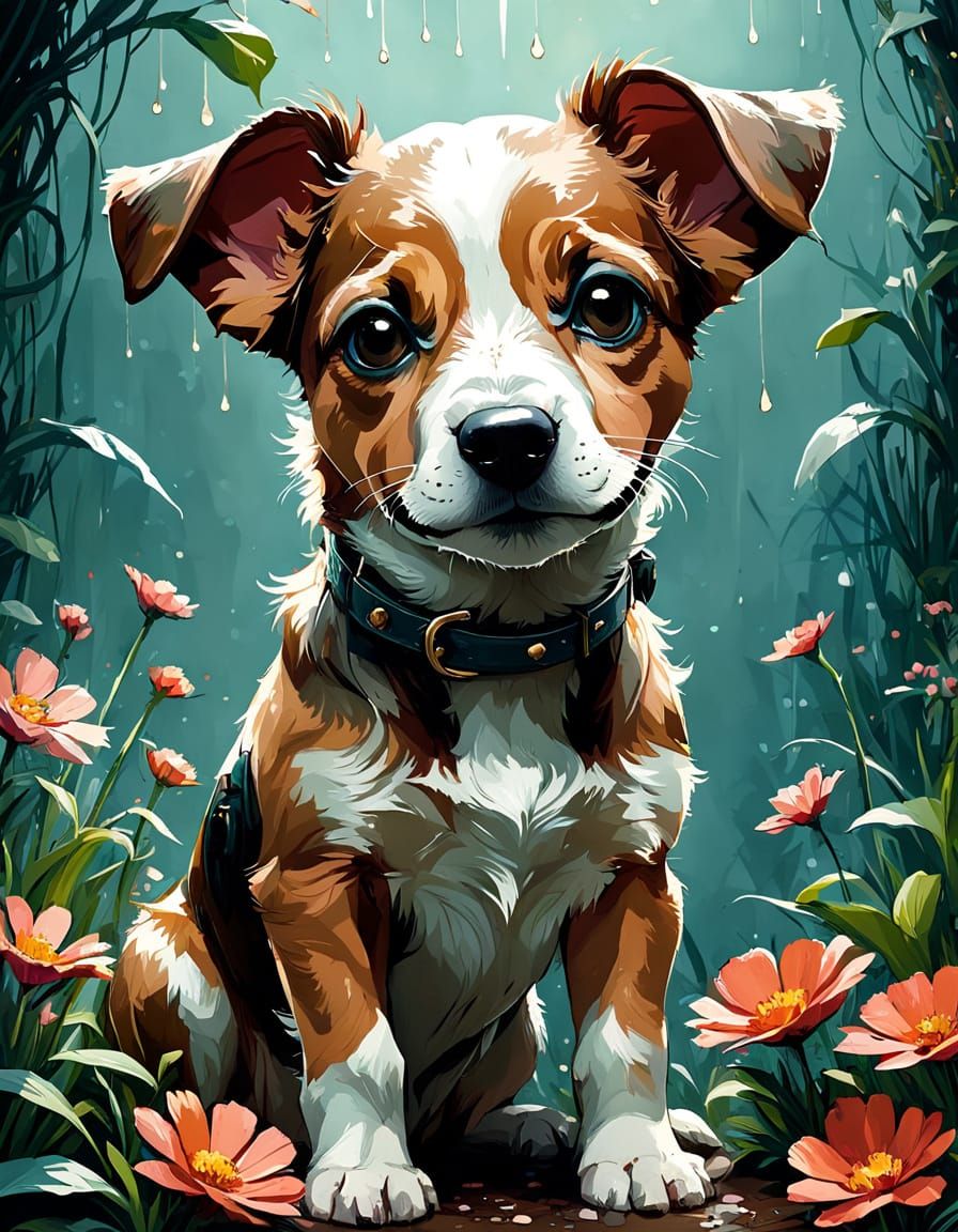 Adorable Hound Dog in Floral Spring, Digital Art
