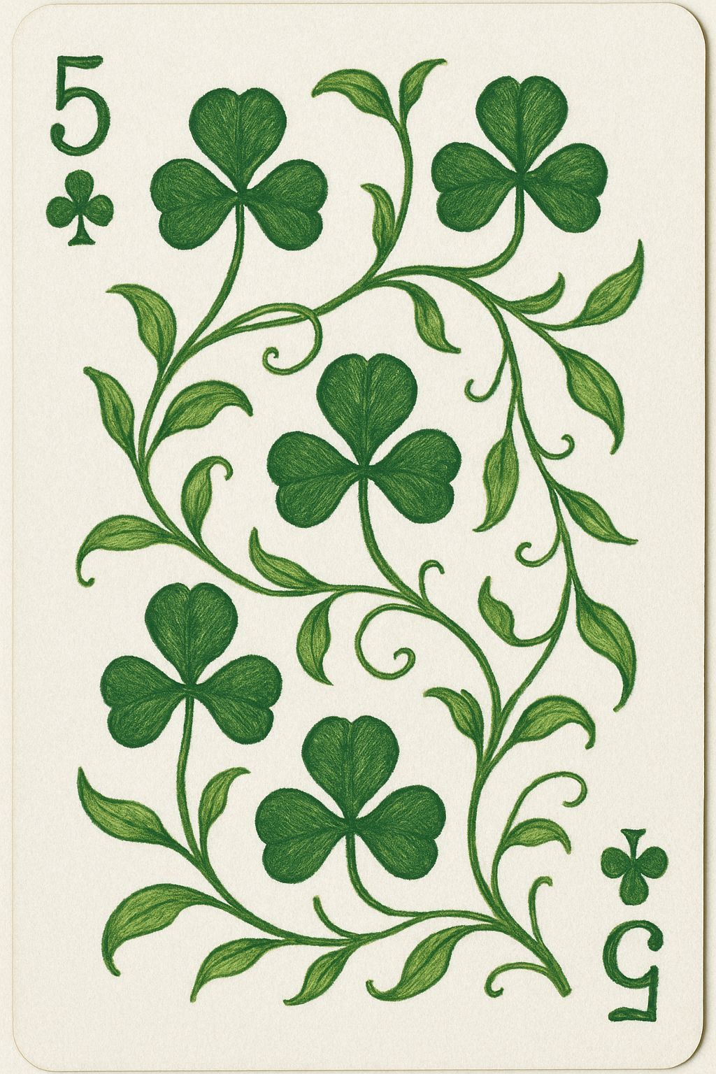Five of Clubs Playing Card with Green Clovers and Vines