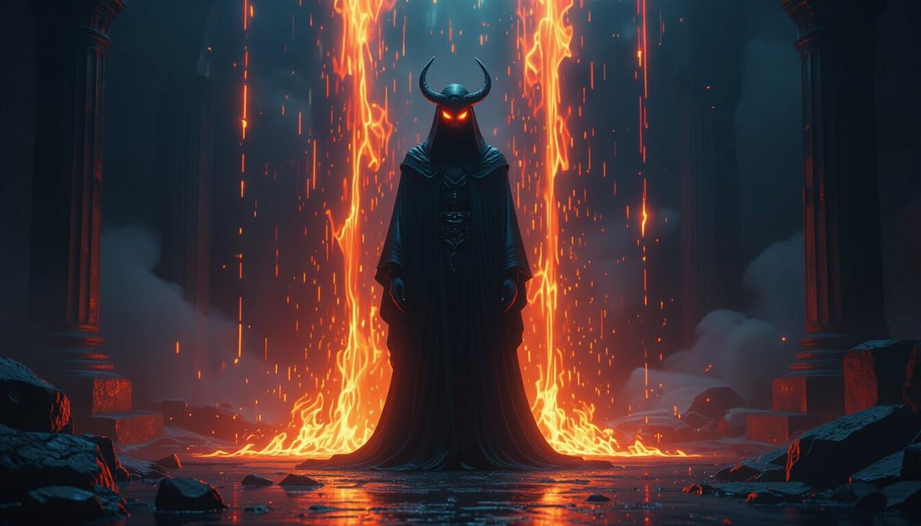 Demonic Figure with Bioluminescent Fire Waterfall Robes