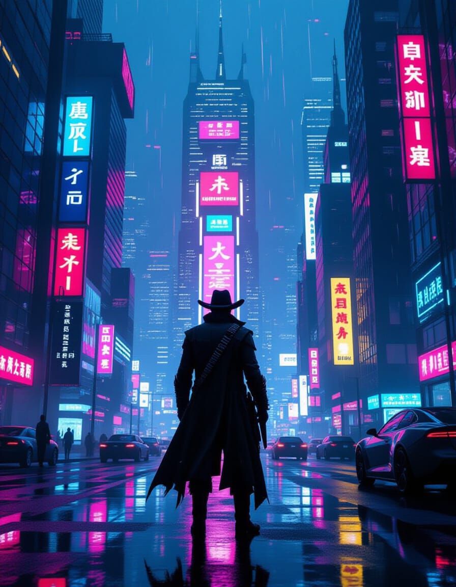 Cowboy in Neon Cyberpunk Cityscape