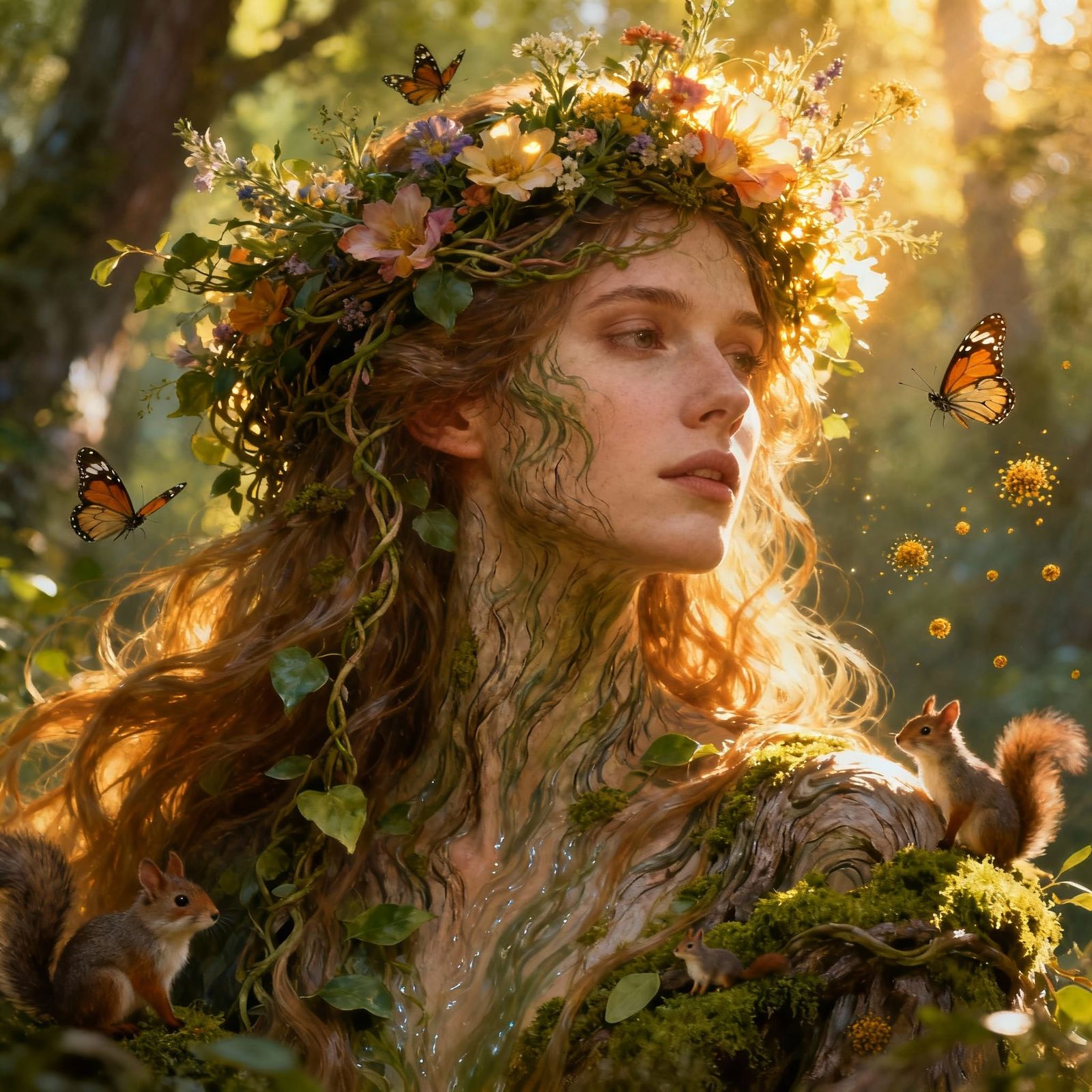 Mother Nature Crowned with Flowers and Vines