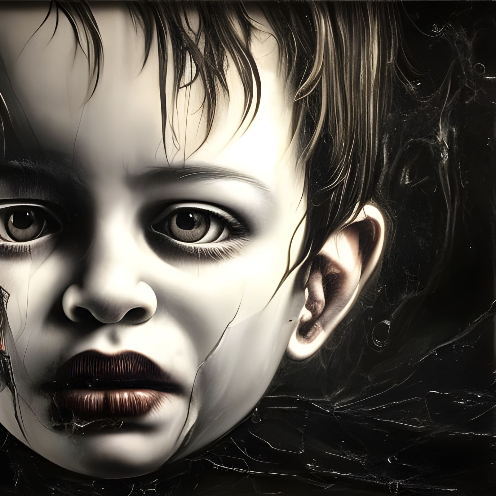 Mysterious Boy Contemplating 90s PC in Dark Surrealism