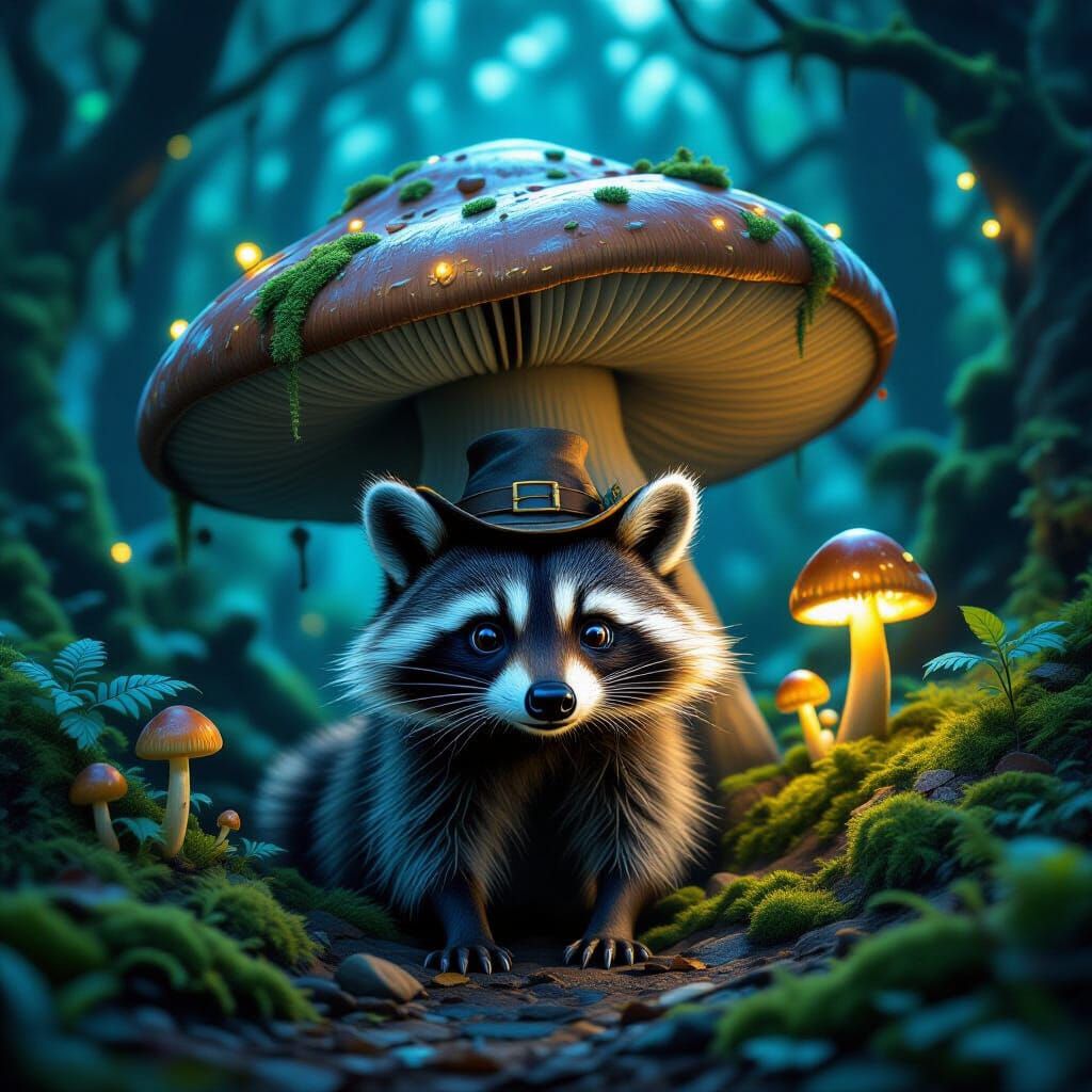 Mischievous Raccoon Adventurer Behind Giant Mushroom