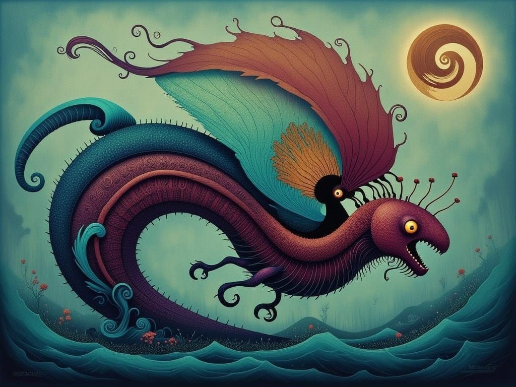 Iridescent Dragon on Leviathan Skeleton Oil Painting