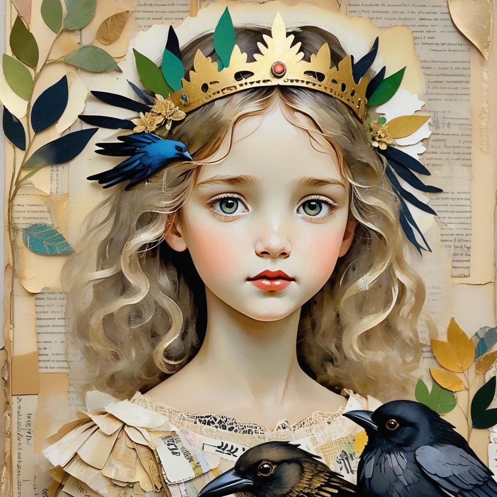 Whimsical Princess with Leafy Crown and Raven in Storybook S...