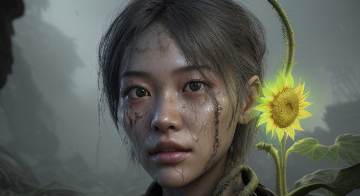 Ethereal Post-Apocalyptic Goddess Emerges from Sunflower For...