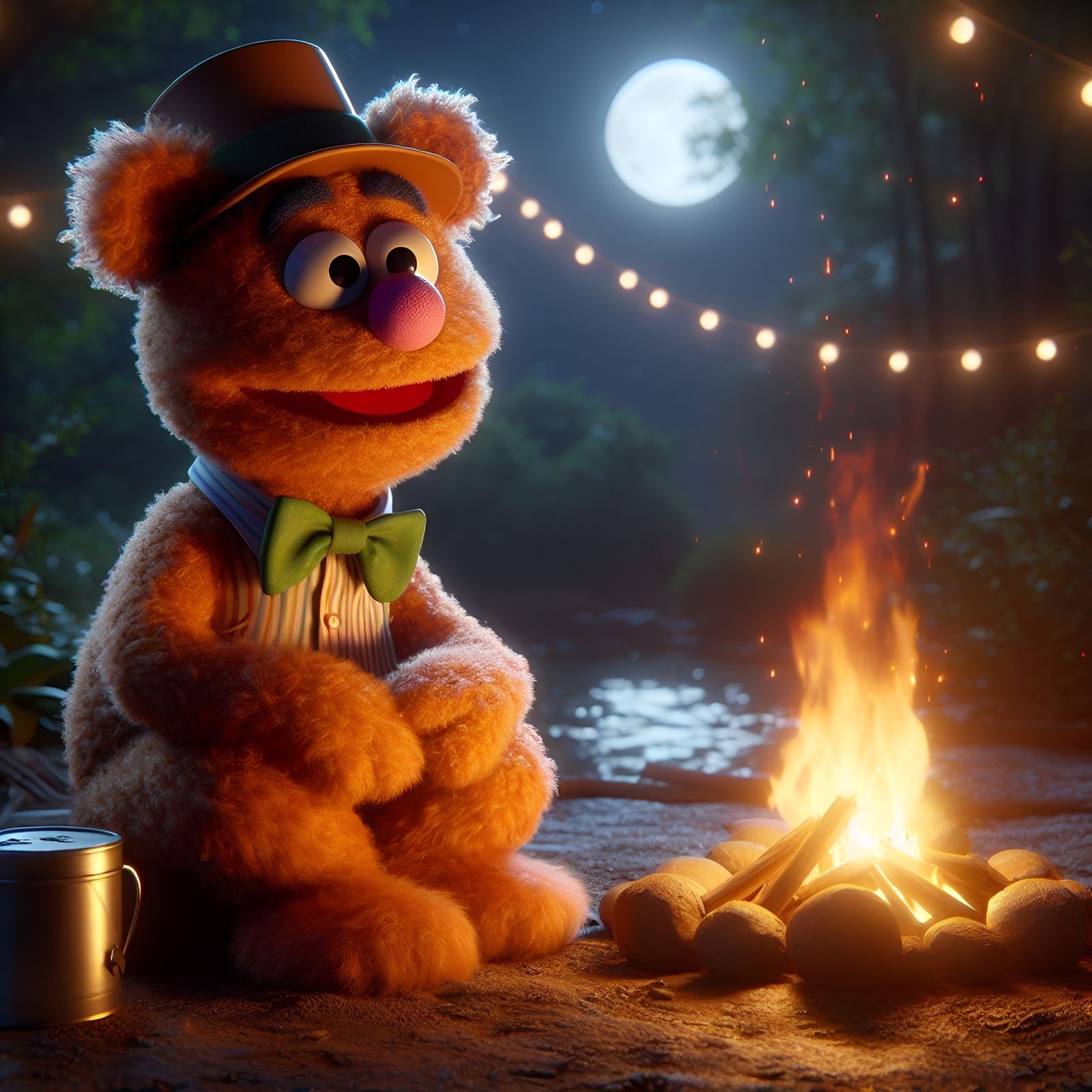 CGI Cartoon of Fozzie Bear in Peaceful Campfire Scene