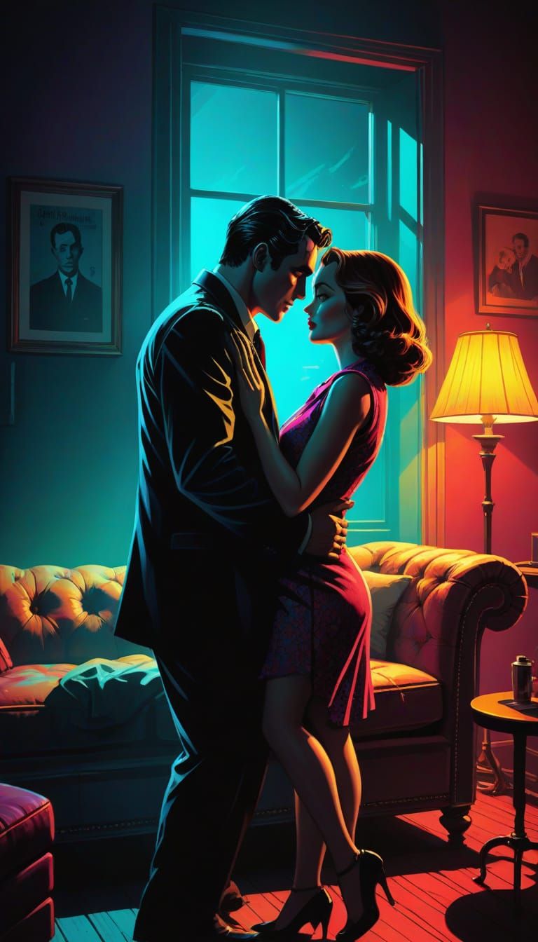 Passionate Embrace in Film Noir Elegance