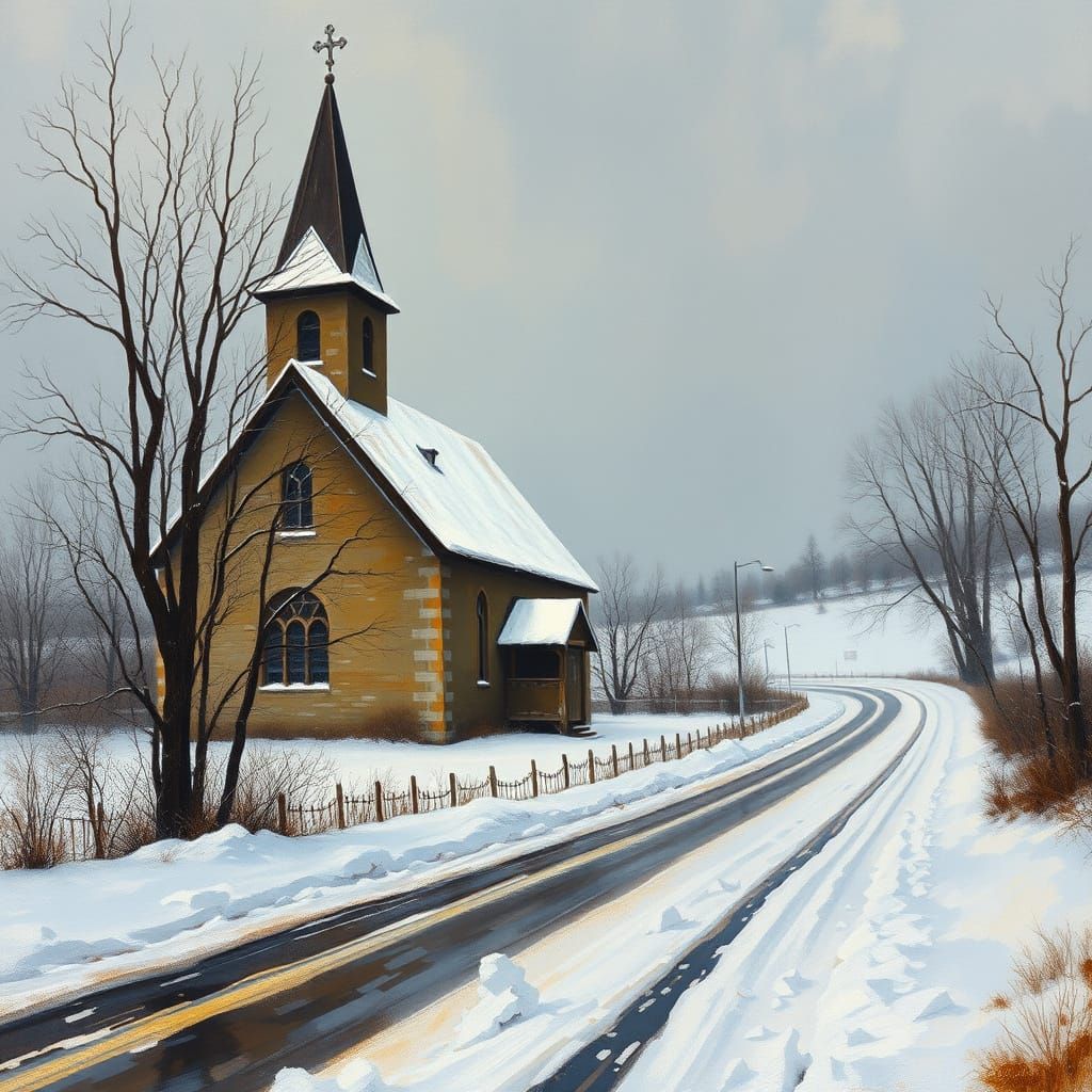 Gothic Church in Winter, Impressionist Gouache Painting