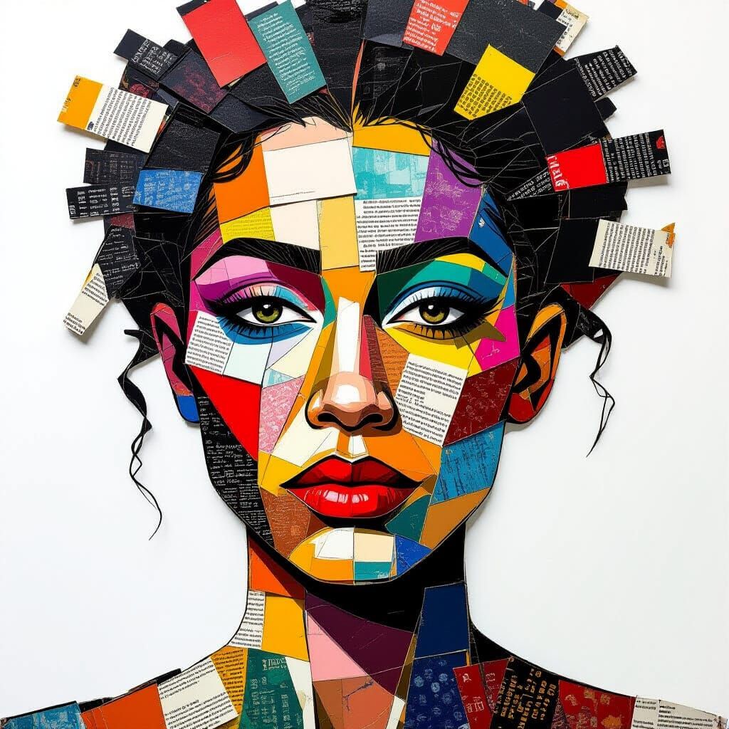 Abstract Mosaic: Woman's Face in Newspaper Collage