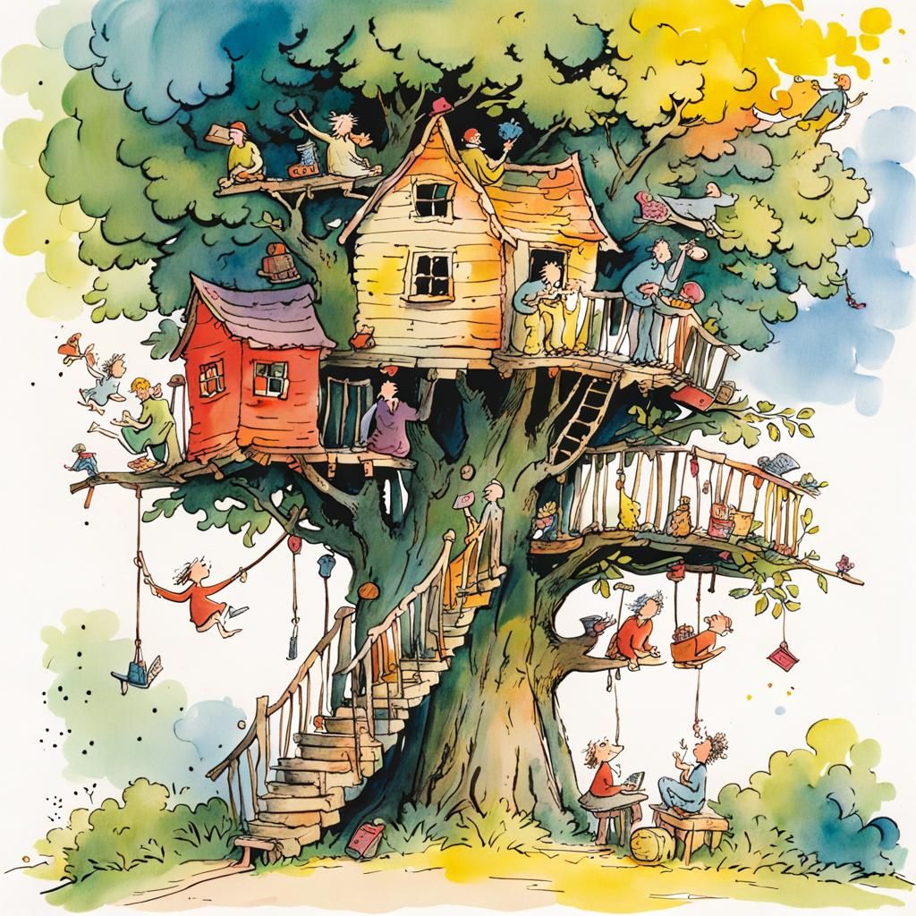 Whimsical Treehouse Scene in Colorful Style
