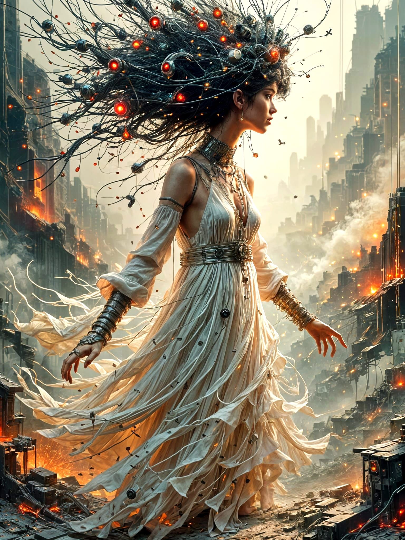 Woman with Wire Hair Dances in Techno-Futuristic World