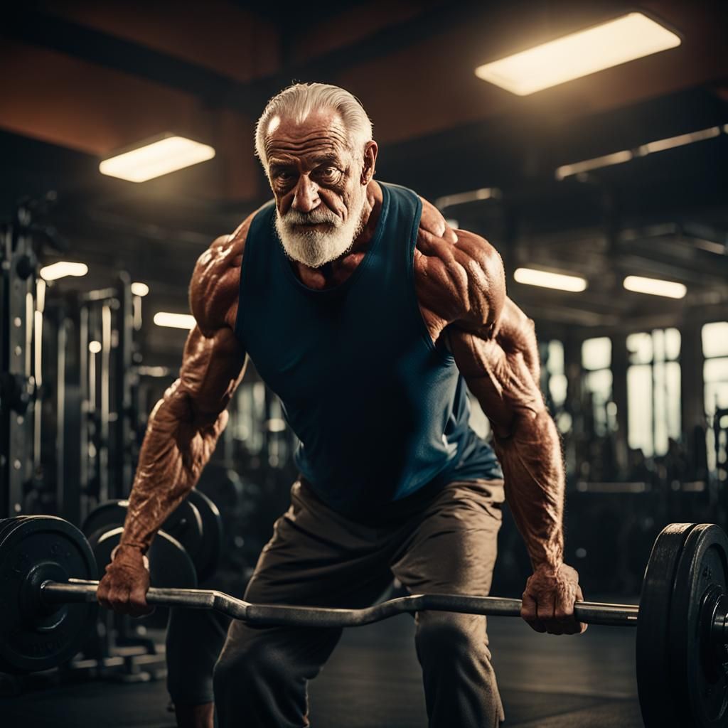 Muscular Old Man in Cinematic Gym Setting