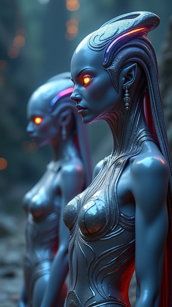 Surreal Cinematic Scene: Luminous Humanoid Figures