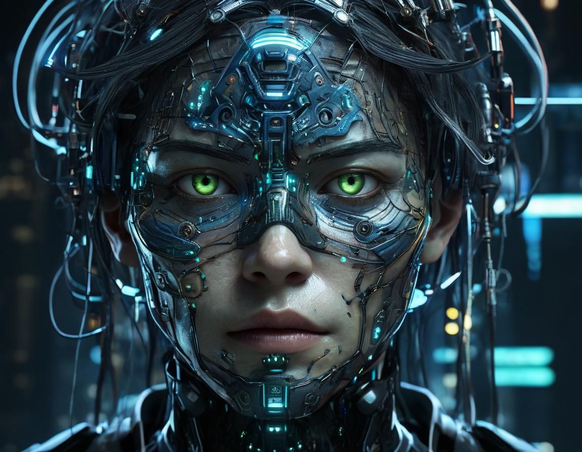 Biopunk Individual with Neural Interface in Cyberpunk Style