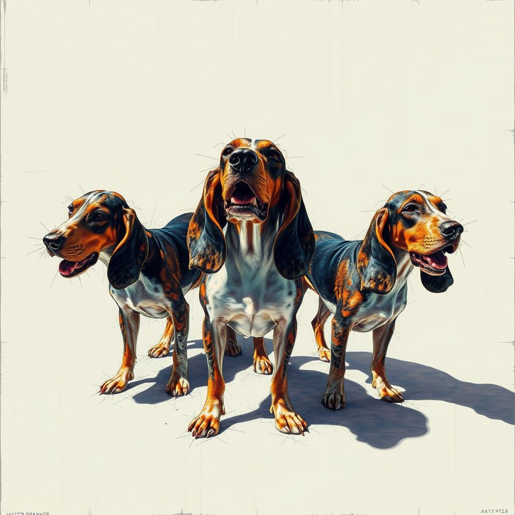 Shiny Basset Hounds in Surreal Isometric Perspective