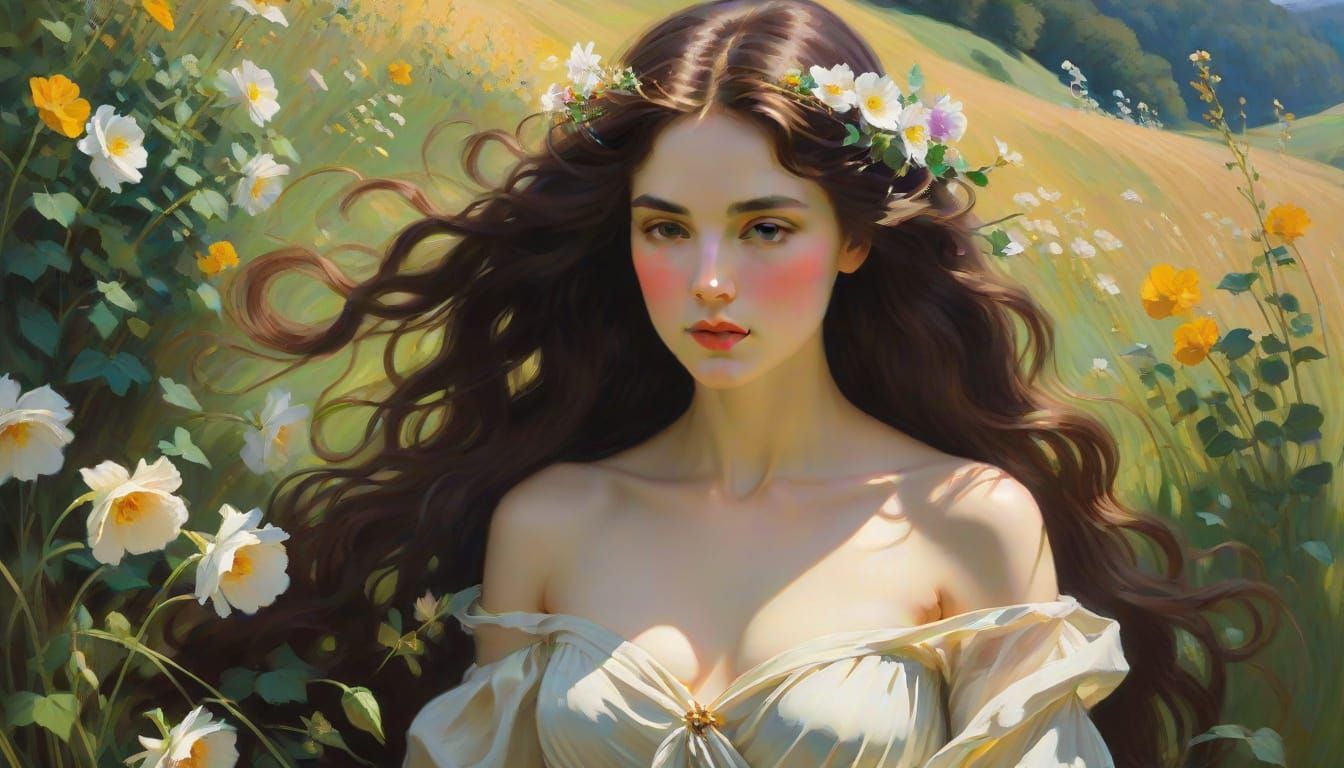 Ethereal Woman in Floral Field: Impasto Oil Painting