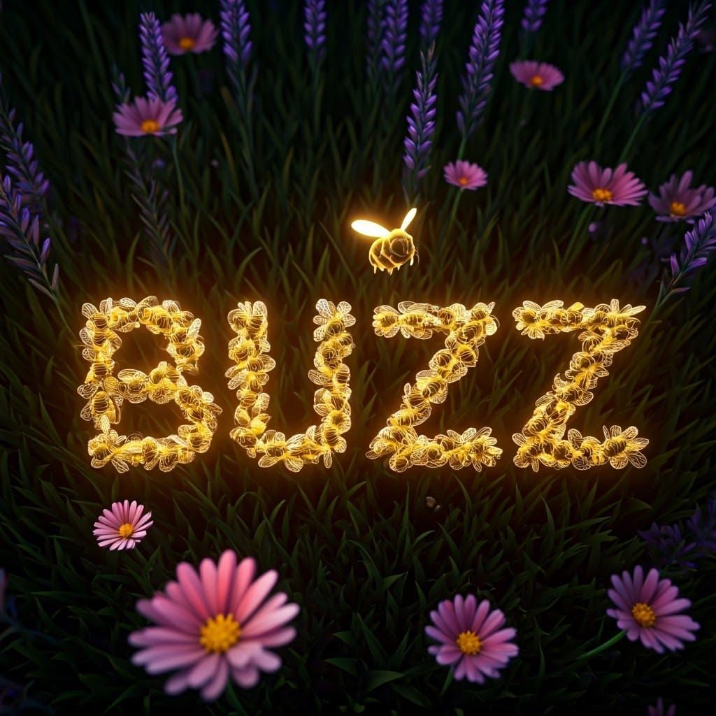 Glowing Bees Form the Word 'Buzz' in a Vibrant Wildflower Me...