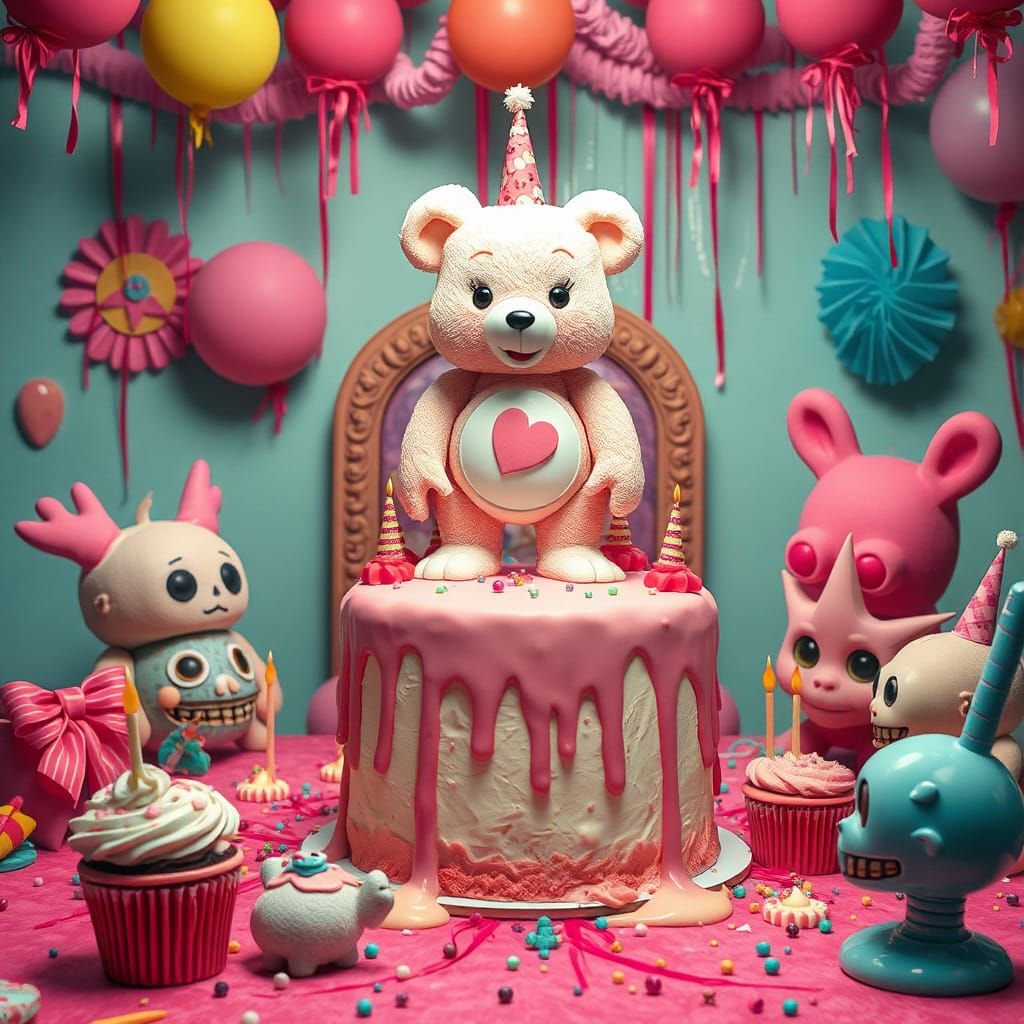 Whimsical Creature Tops Melting Cake in Quirky Birthday Part...