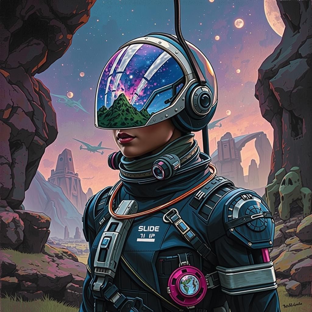 Comics art of a futuristic space traveller exploring a mysterious, alien landscape