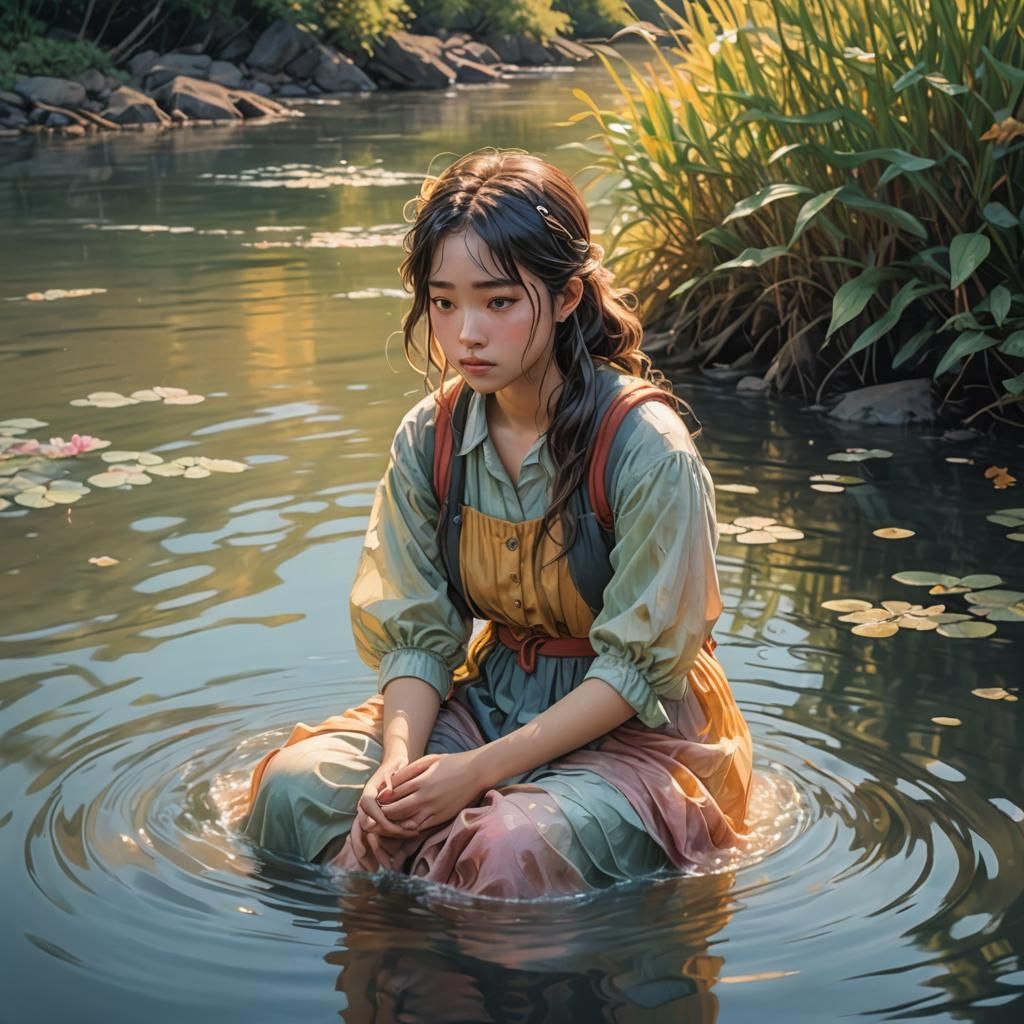Heartbroken Girl Surrounded by Soft Ripples in Vibrant Oil P...