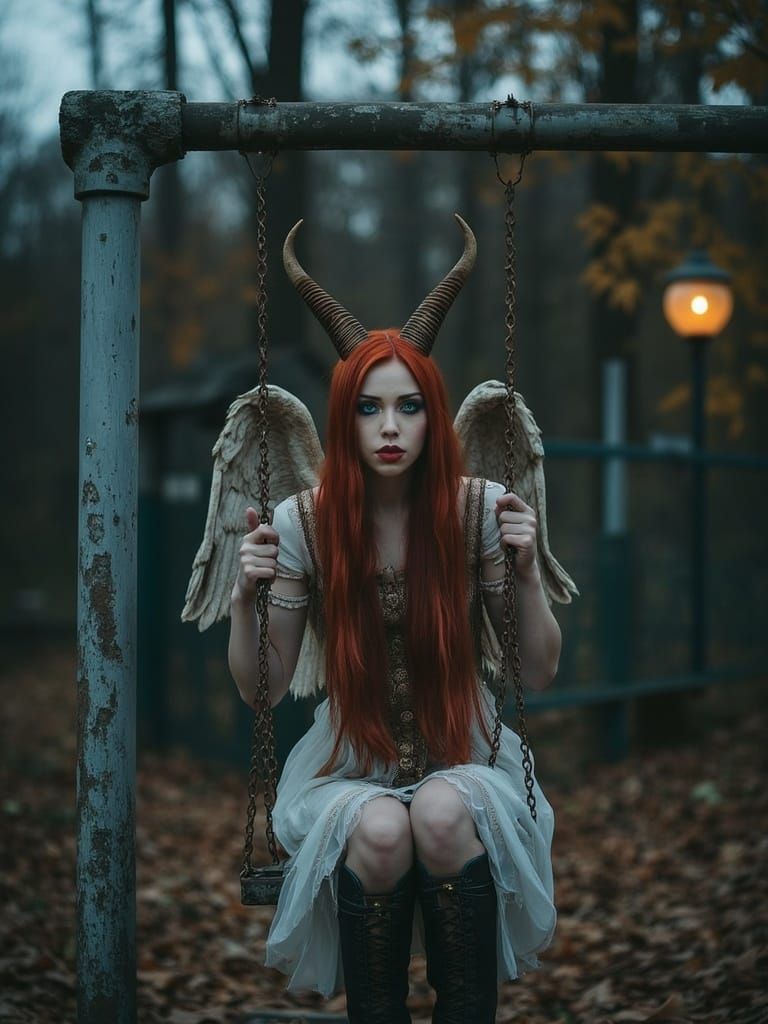 Ethereal Fallen Angel in a Desolate Urban Playground