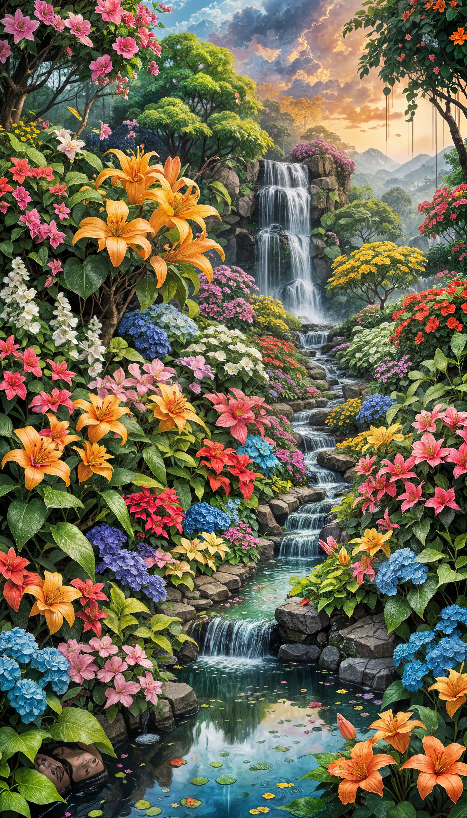 Vibrant Spring Garden in Realistic Watercolor Style