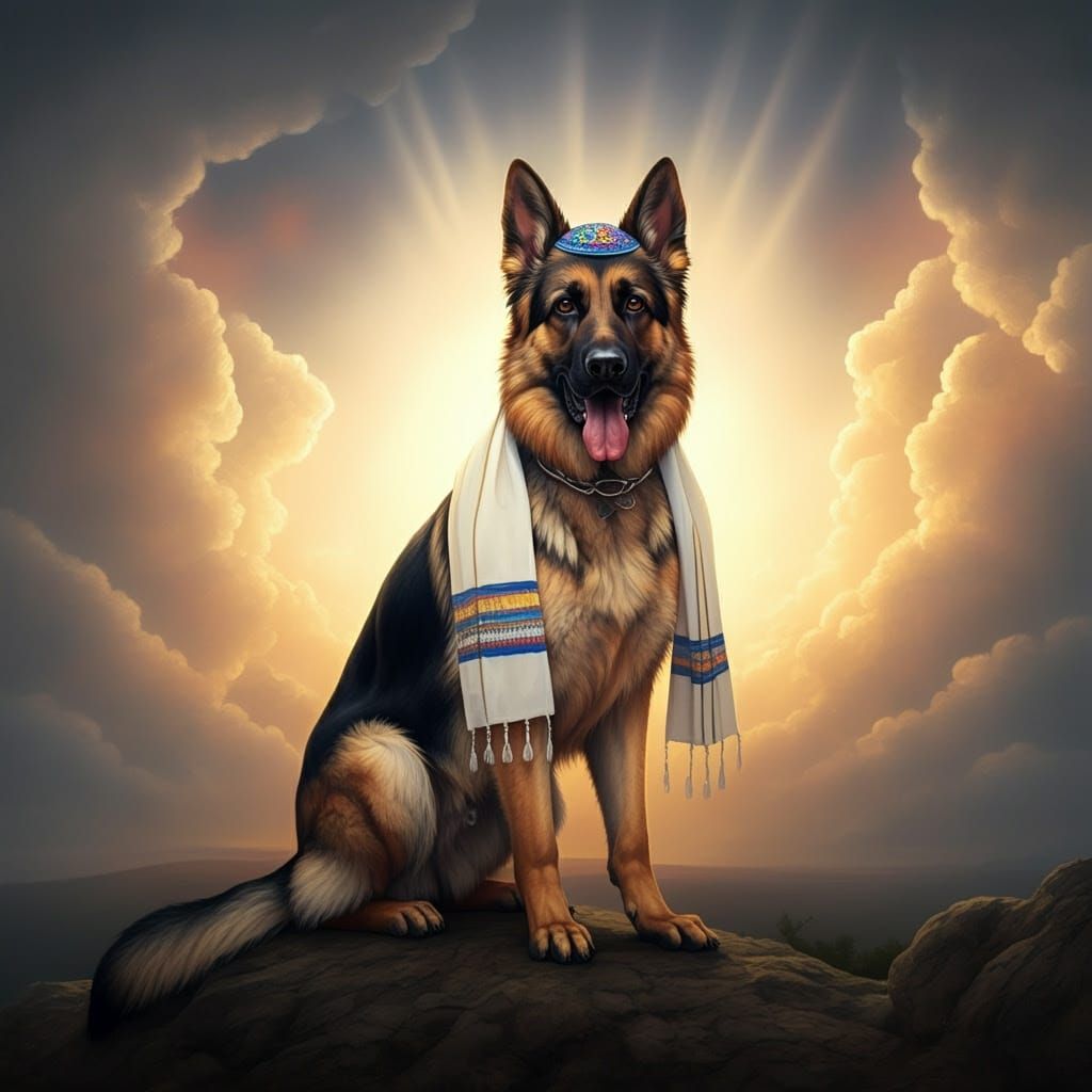 German Shepherd in Kippah, Renaissance-Style Painting