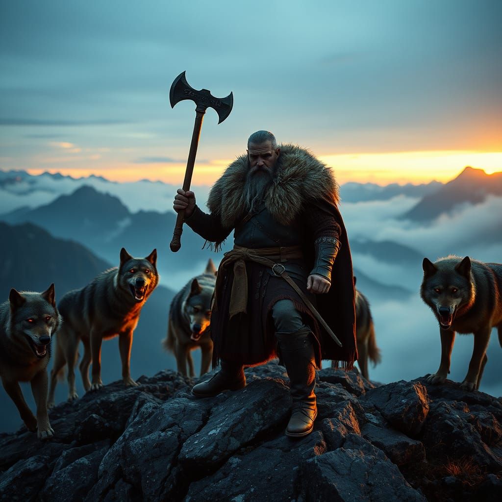Viking Warrior Defiantly Stands Against Fierce Wolves in Gol...
