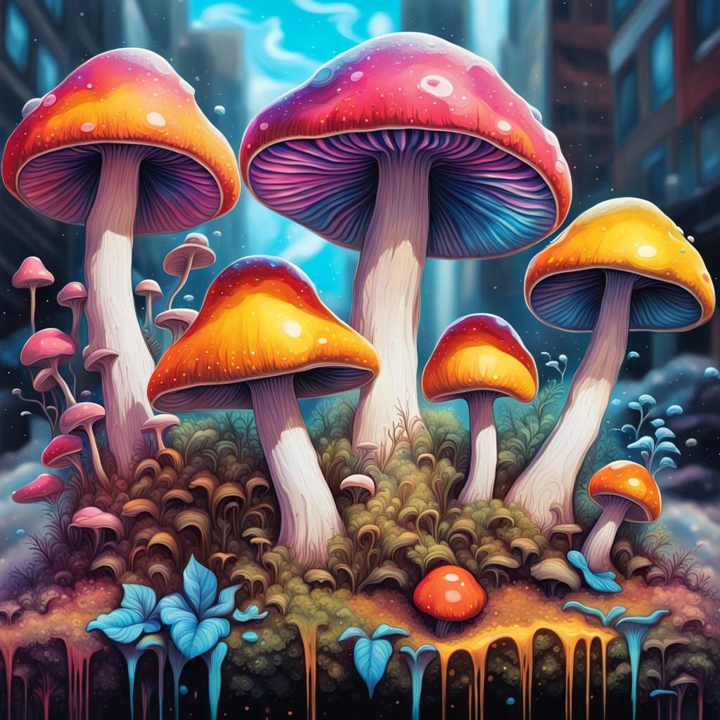Vibrant Cosmic Mushroom Scene in High-Contrast Graffiti Styl...
