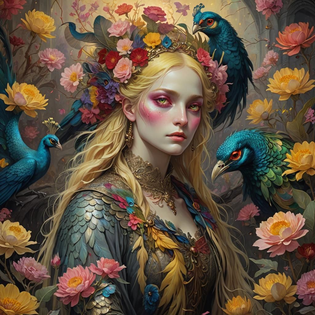 Dark Fantasy Goddess Emerges with Vibrant Feathers and Drago...