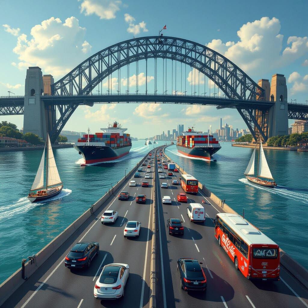 Surreal River Scene with Ships on Bridge and Vehicles on Wat...