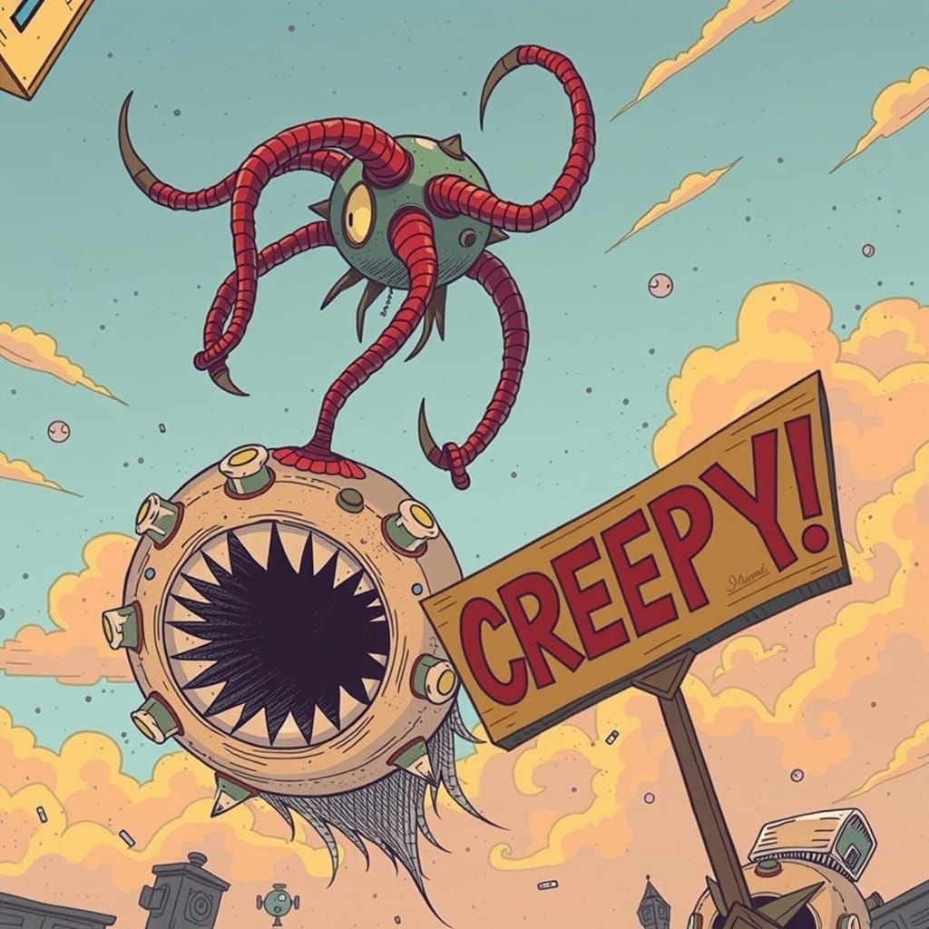 Goofy cartoon eyeball monster with text that says SOCREEPY