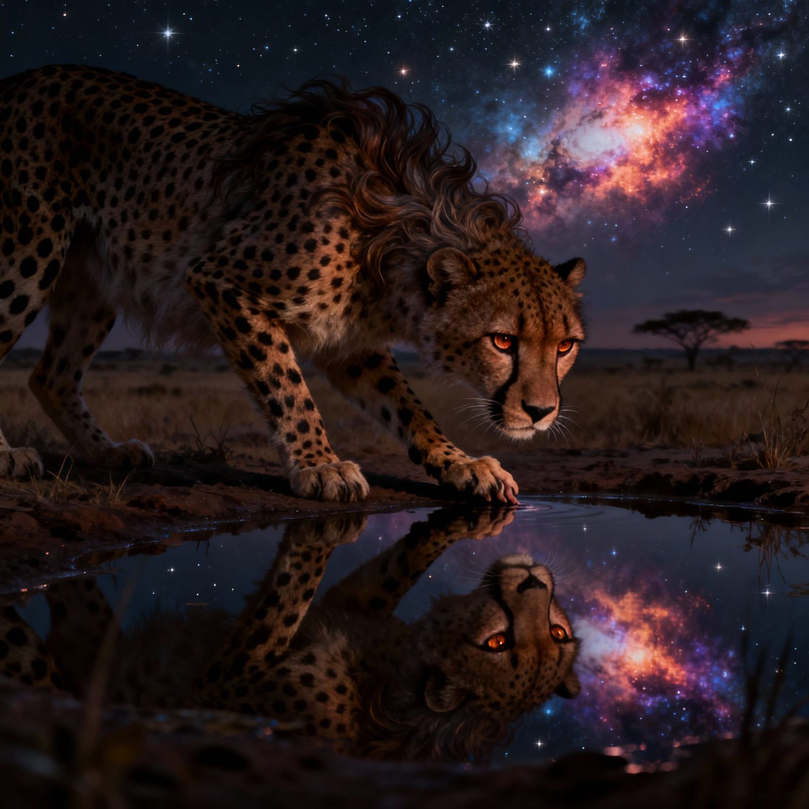 Cheetah's Reflection in Starry Savanna Waterhole