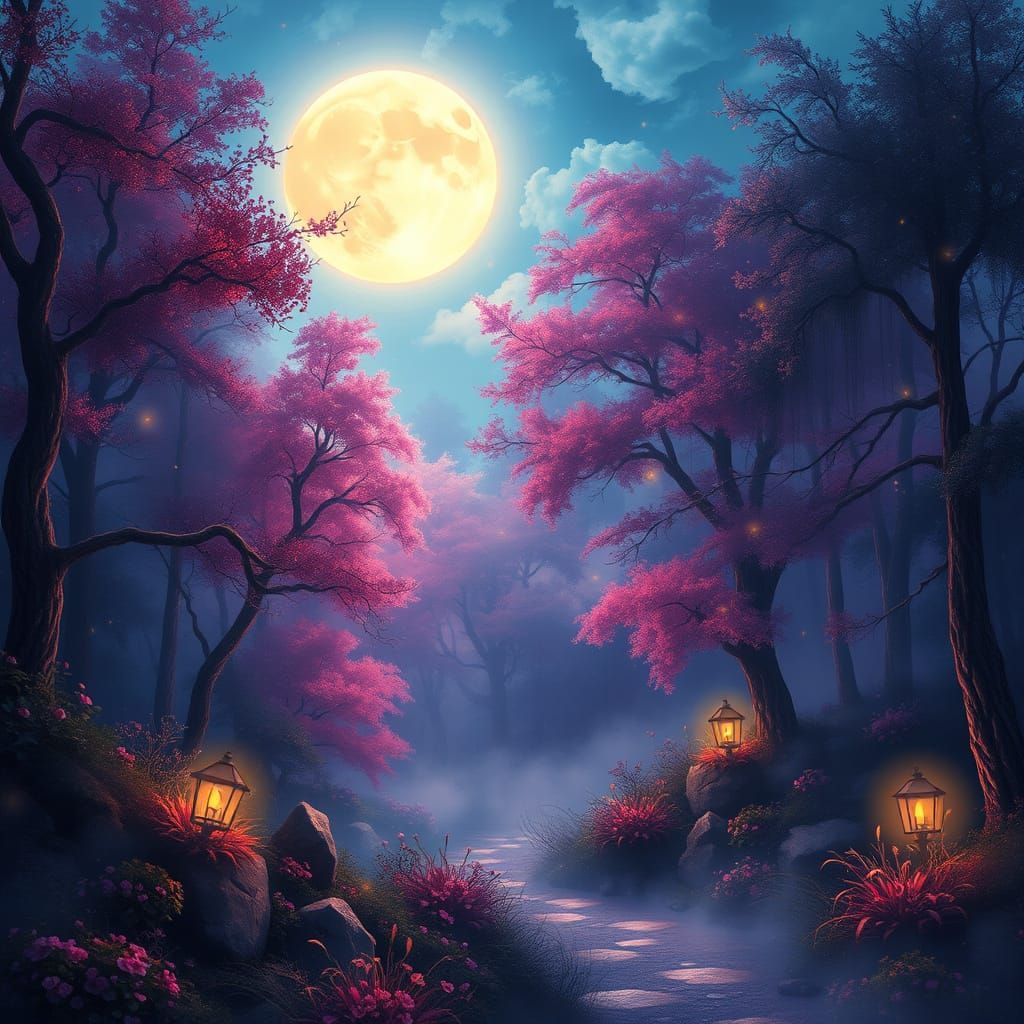 Ethereal Moonlit Forest Landscape in Vivid Jewel Tones