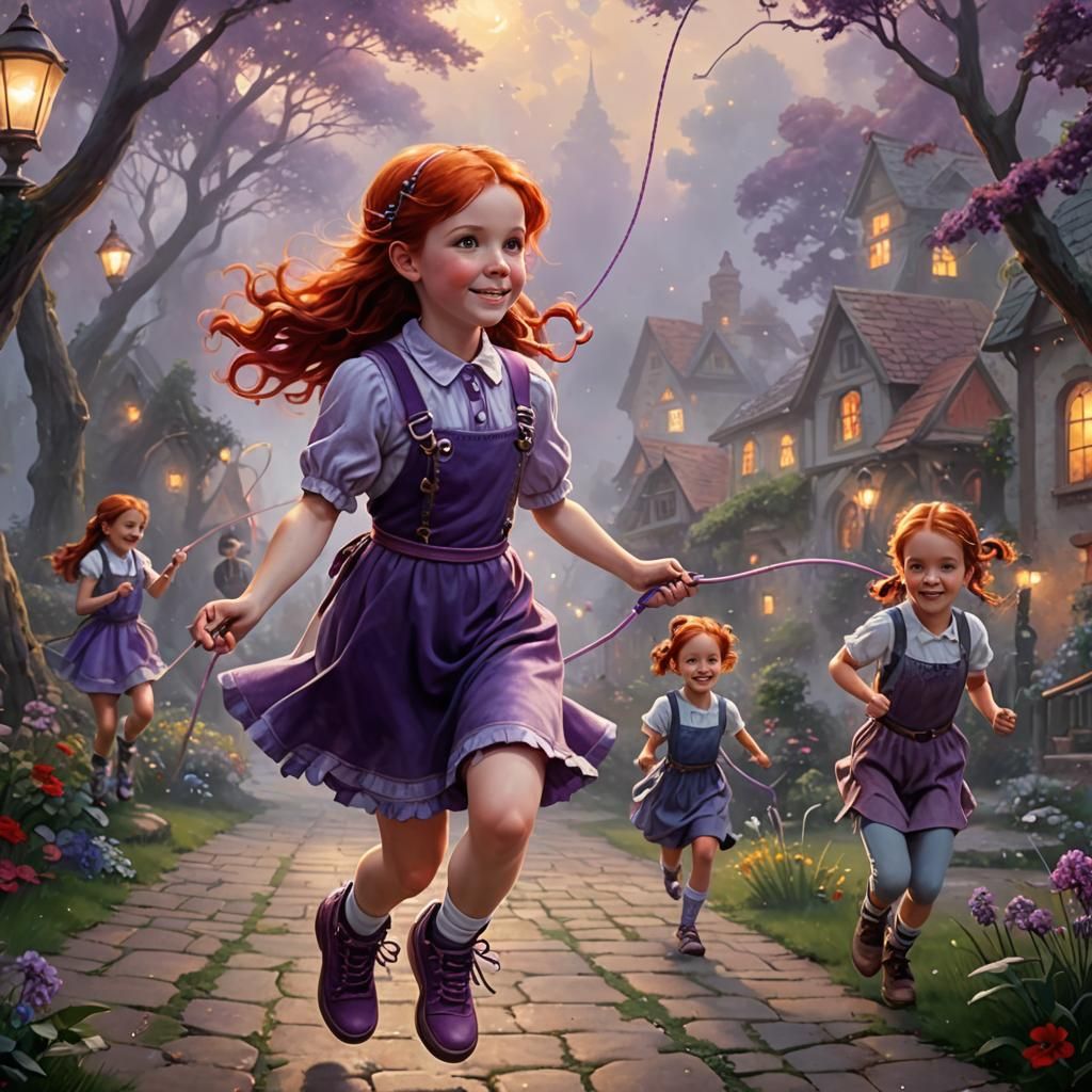 Ethereal Girl Plays Jump Rope with Friends in Whimsical Purp...