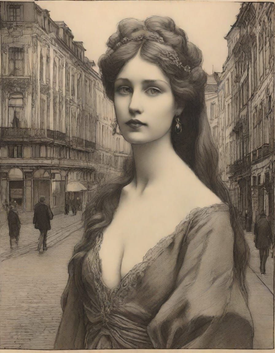 Woman Adorned in Distorted Reflections Amidst Baroque Archit...