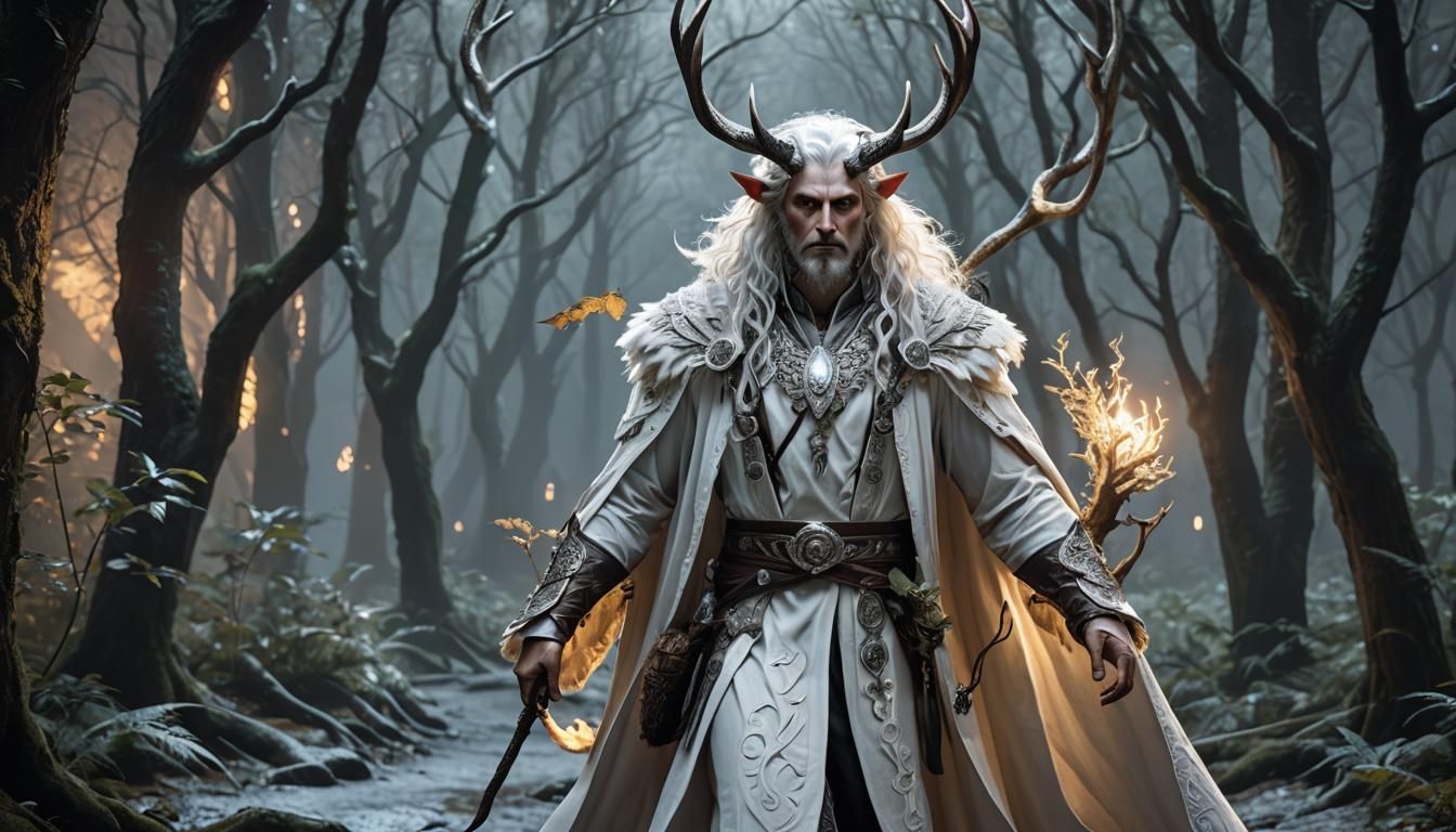 Ethereal Tiefling Druid Strolls Through Glowing Night Forest
