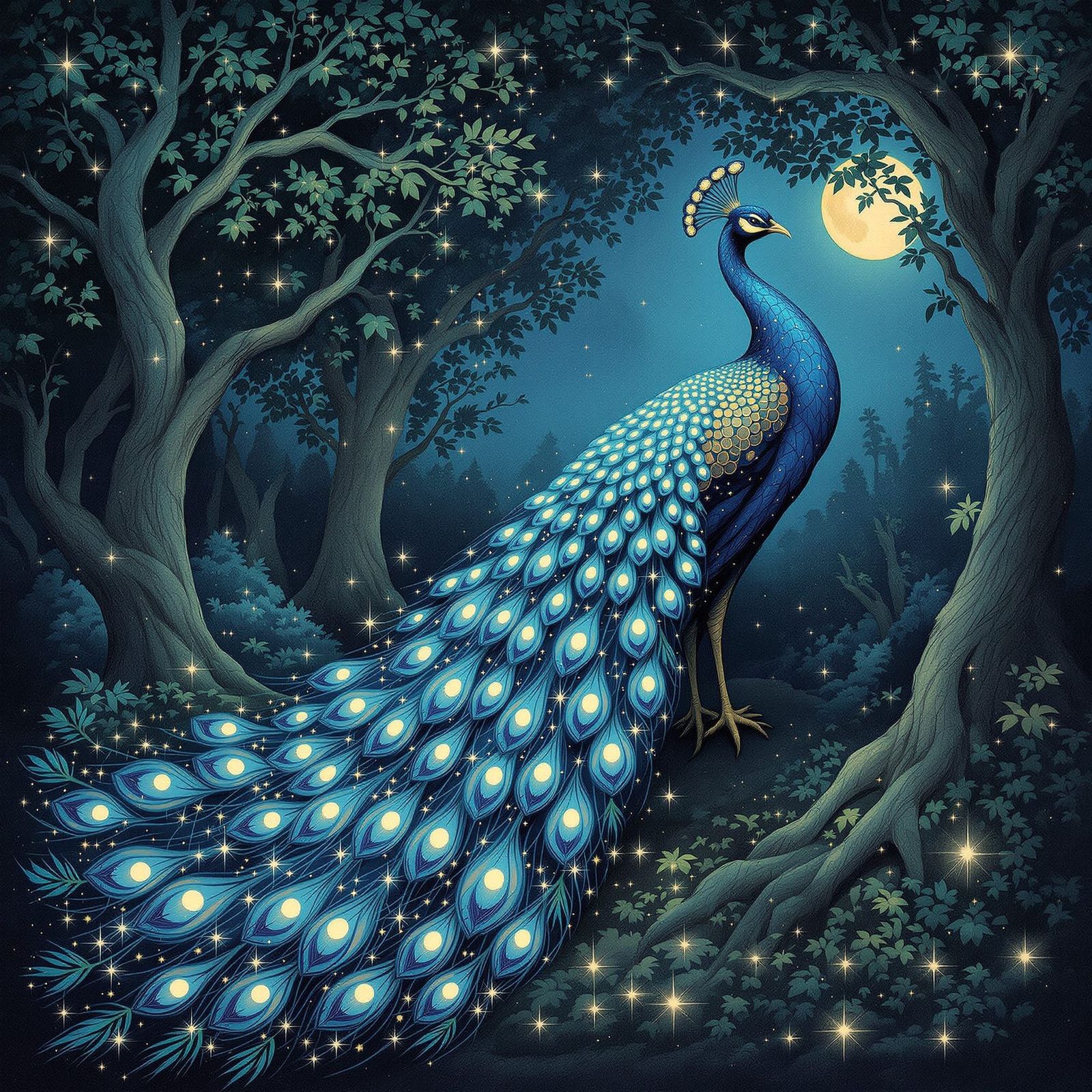 Constellation Peacock in Moonlit Art Nouveau Garden