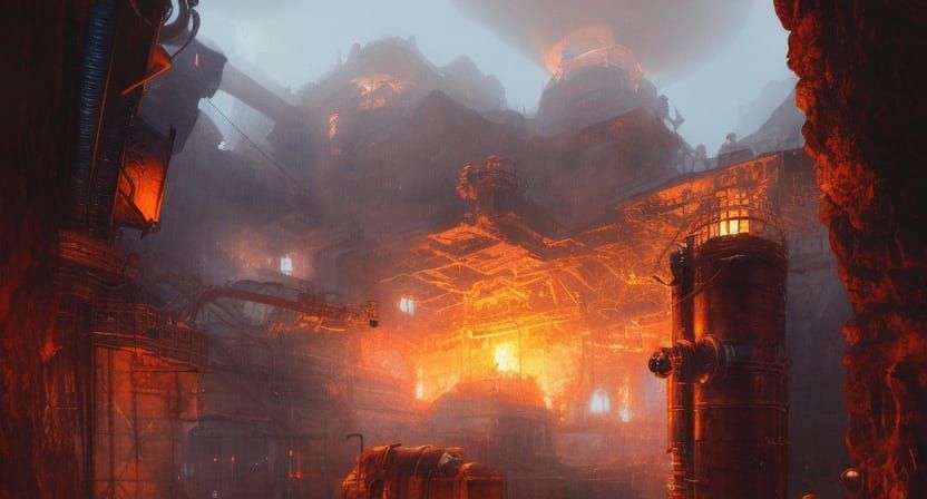 Surreal Industrial Metropolis Amidst Volcanic Ruins