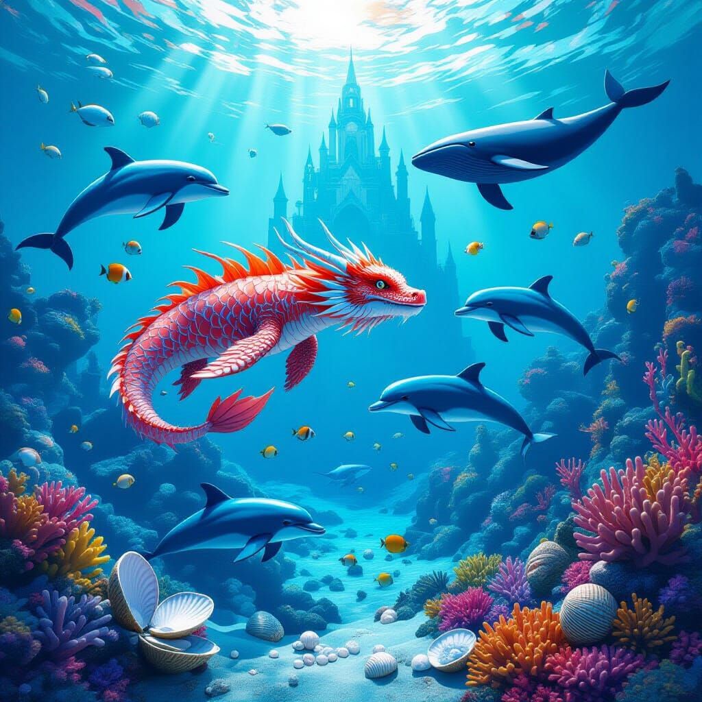 Coral Dragon and Dolphins in Underwater Palace Scene