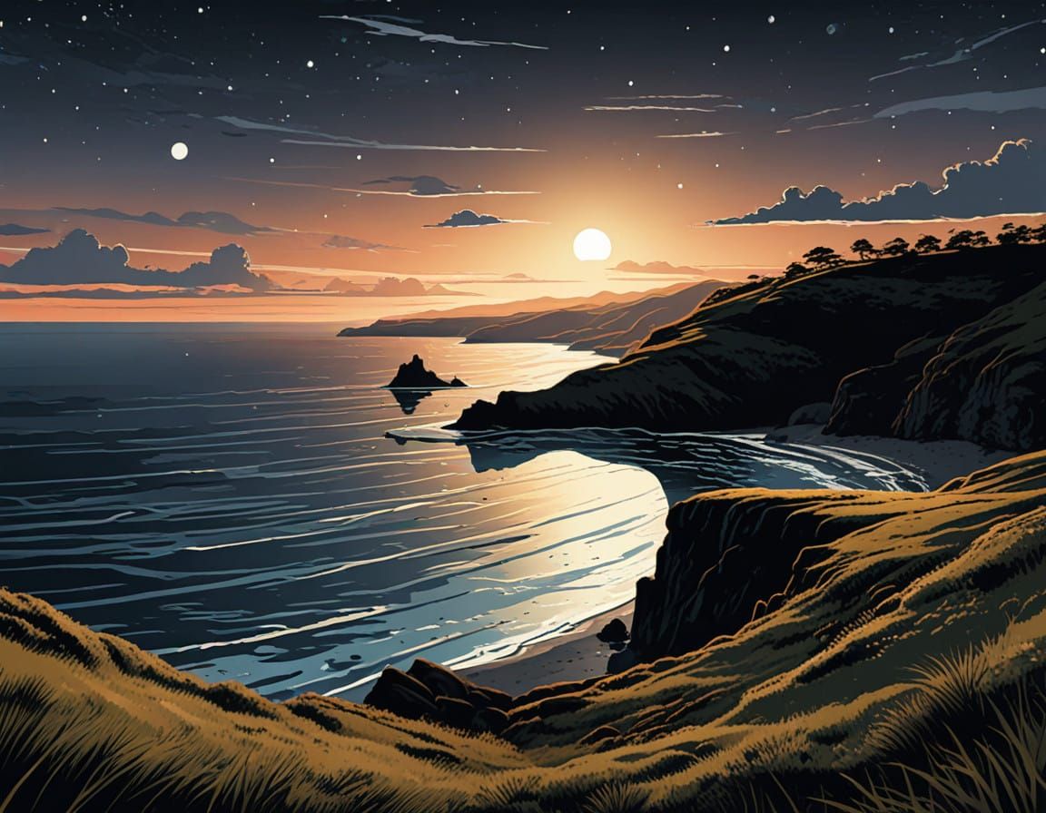 Vibrant Night Scene at Seaside Headland