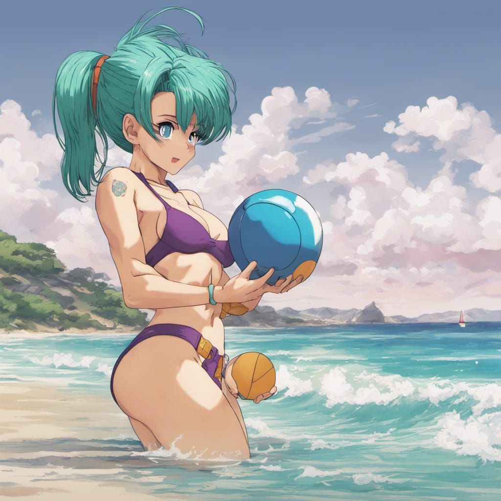 Anime Style Beach Scene with Bulma from Dragon Ball