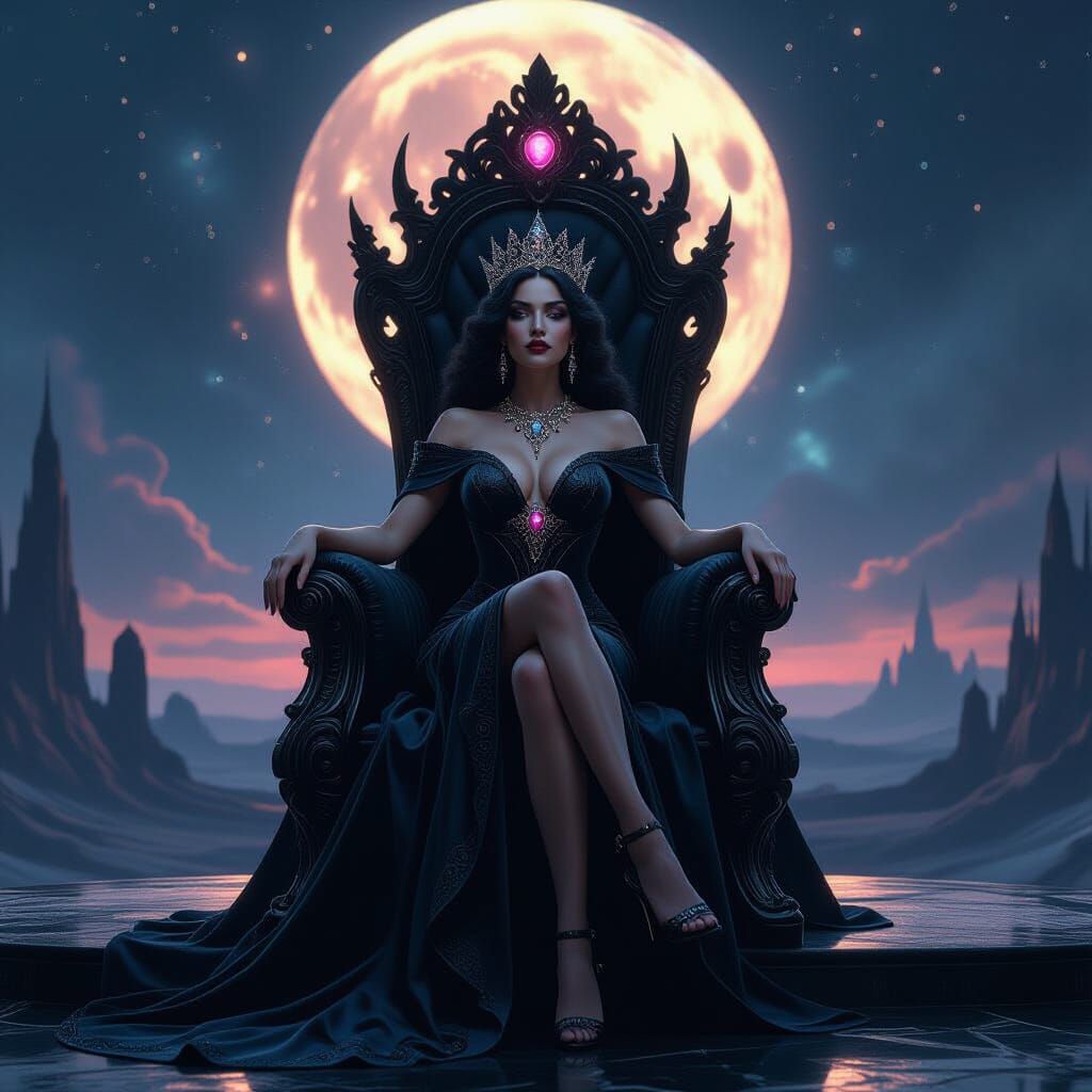 Voluptuous Queen on Obsidian Throne in Dark Fantasy Style